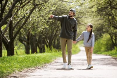 Confidence/Lack of Confidence, a girl walking with her father in the park